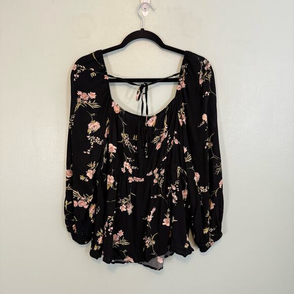 American Eagle Blouse Large Floral Open Back Long Puff Balloon Sleeve Black NWT - Picture 2 of 8